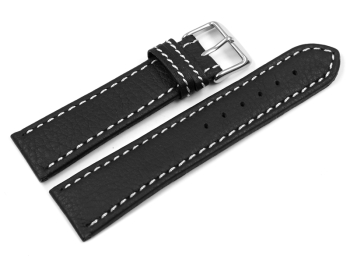 Watch strap - genuine leather - black - white stitching 20mm Steel