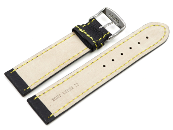 Watch strap - genuine leather - black - yellow stitching - 18,20,22,24 mm