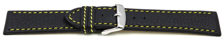Watch strap - genuine leather - black - yellow stitching - 18mm Steel