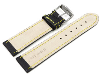 Watch strap - genuine leather - black - yellow stitching - 24mm Steel