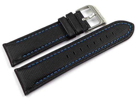 Lotus Black Leather Watch Strap with blue stitching for...
