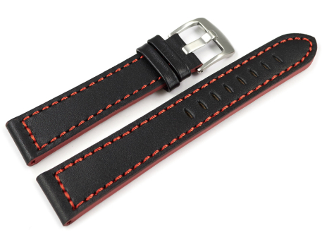 Black Leather Watch Strap with Red Stitching 18mm 20mm...