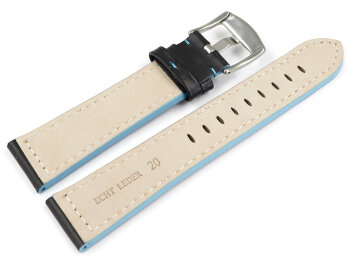 Black Leather Watch Strap with Light Blue Stitching model Sportiv 18mm 20mm 22mm 24mm