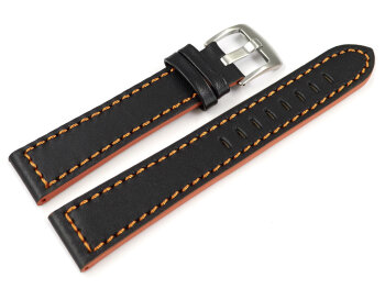 Black Leather Watch Strap with Orange Stitching model Sportiv 18mm 20mm 22mm 24mm