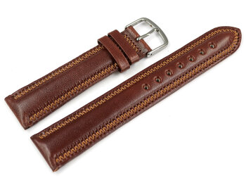 Slightly Shiny Brown Leather Watch Strap with decorative stitching 18mm Steel