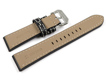 Thick Black Leather Watch Strap with additional metal loop 24mm