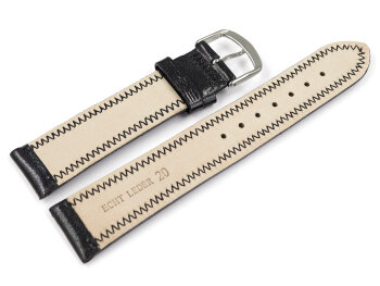 Slightly Shiny Black Leather Watch Strap with decorative stitching 24mm Gold