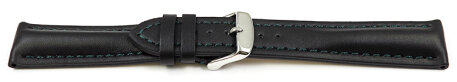 Watch strap - strong padded - smooth - black with dark green stitching 18mm 20mm 22mm 24mm