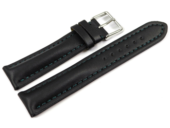 Watch strap - strong padded - smooth - black with dark green stitching 18mm 20mm 22mm 24mm