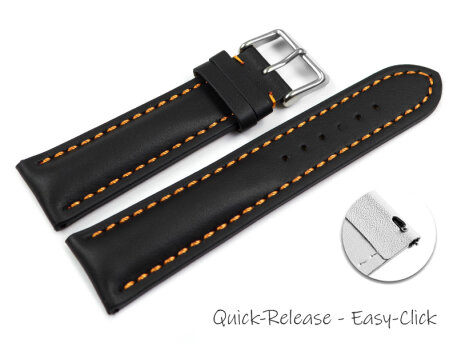 Quick release Watch Strap strong padded smooth black with orange stitch 18mm 20mm 22mm 24mm
