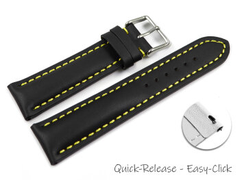 Quick release Watch Strap strong padded smooth black with yellow stitch 18mm 20mm 22mm 24mm