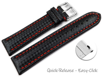 Quick release Watch Strap Genuine leather carbon print black with red stitch 18mm 20mm 22mm 24mm