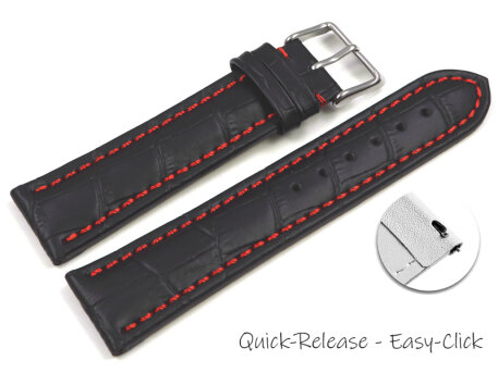 Quick release Watch Strap Genuine leather croco print black w. red stitch XL