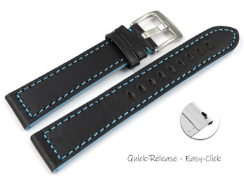 Black Leather Quick release Watch Strap with Light Blue Stitching model Sportiv 18mm 20mm 22mm 24mm