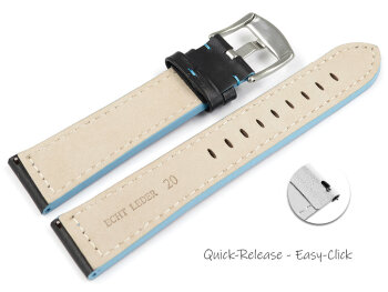 Black Leather Quick release Watch Strap with Light Blue Stitching model Sportiv 18mm 20mm 22mm 24mm