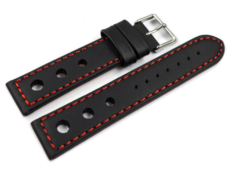 Watch strap - smooth - three holes - black with red stitch