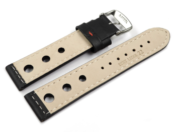 Watch strap - smooth - three holes - black with red stitch