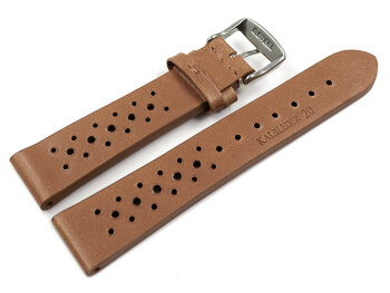 Breathable Perforated Light Brown Leather Watch Strap 18mm Steel