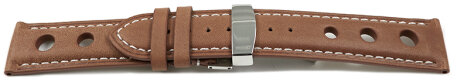 Watch strap Folding Clasp Genuine leather Race light brown 18mm Steel