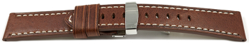 Light Brown Leather Watch Strap Folding Clasp Miami without padding 24mm Steel