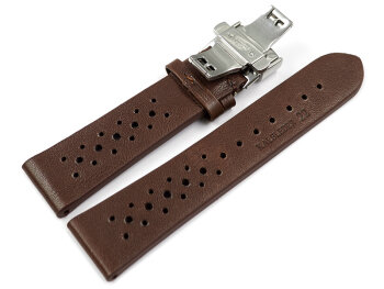 Breathable Perforated Dark Brown Leather Watch Strap Butterfly clasp 18mm Steel
