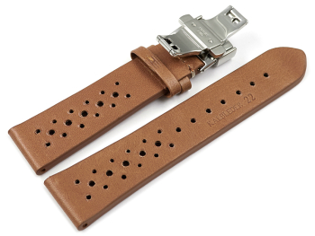 Breathable Perforated Light Brown Leather Watch Strap Butterfly clasp 18mm 20mm 22mm 24mm