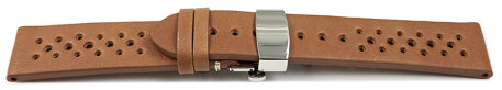 Breathable Perforated Light Brown Leather Watch Strap Butterfly clasp 18mm Steel