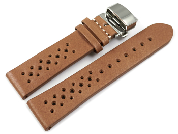 Breathable Perforated Light Brown Leather Watch Strap Butterfly clasp 18mm Steel