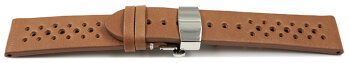 Breathable Perforated Light Brown Leather Watch Strap Butterfly clasp 20mm Steel