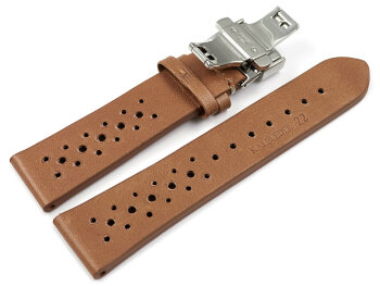 Breathable Perforated Light Brown Leather Watch Strap Butterfly clasp 22mm Steel