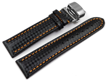 Watch strap Butterfly clasp Genuine leather Carbon print black with orange stitching 18mm 20mm 22mm 24mm