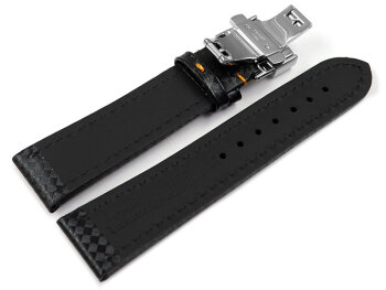 Watch strap Butterfly clasp Genuine leather Carbon print black with orange stitching 18mm 20mm 22mm 24mm