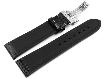 Watch strap Deployment clasp Genuine leather Carbon print black with orange stitching 18mm 20mm 22mm 24mm