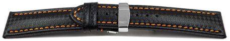 Watch strap Deployment clasp Genuine leather Carbon print black with orange stitching 20mm Steel