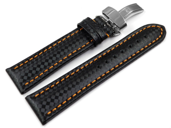 Watch strap Deployment clasp Genuine leather Carbon print black with orange stitching 20mm Steel