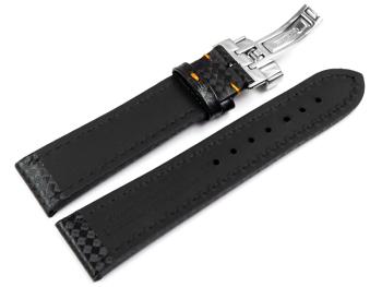 Watch strap Deployment clasp Genuine leather Carbon print black with orange stitching 20mm Steel