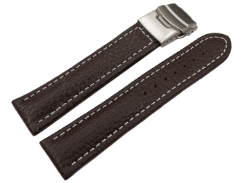 Watch Strap Deployment Clasp Genuine Grained Leather Dark Brown wN 18mm 20mm 22mm 24mm 26mm