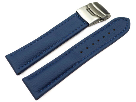 Watch Strap Deployment Clasp Genuine Grained Leather blue...