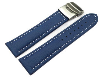 Watch Strap Deployment Clasp Genuine Grained Leather Blue wN 18mm 20mm 22mm 24mm 26mm