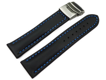 Deployment clasp Genuine leather smooth black stitching blue 18mm 20mm 22mm 24mm 26mm