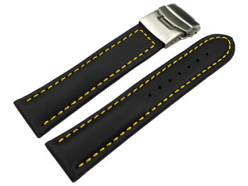 Deployment clasp Genuine leather smooth black stitching yellow 18mm 20mm 22mm 24mm 26mm