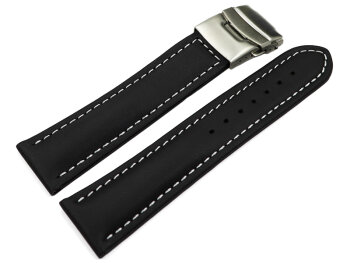 Deployment clasp Genuine leather smooth black stitching white 18mm 20mm 22mm 24mm 26mm