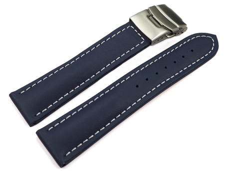 Deployment clasp Genuine leather smooth dark blue...