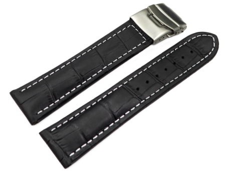 Watch Strap Deployment clasp leather Croco stamp black wN...