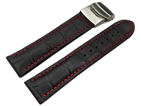 Watch Strap Deployment clasp leather Croco stamp black rN...