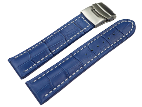 Watch Strap Deployment clasp leather Croco stamp blue wN...