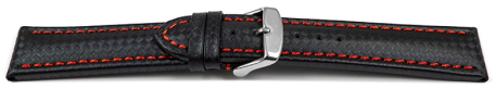 Watch strap - Genuine leather - carbon print - black with red stitch