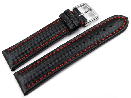 Watch strap - Genuine leather - carbon print - black with...