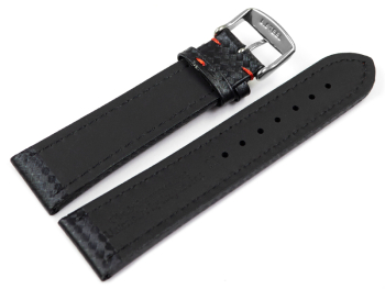 Watch strap - Genuine leather - carbon print - black with red stitch