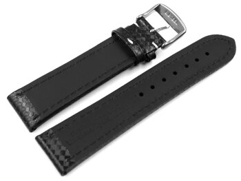 Watch strap - Genuine leather - carbon print - black with white stitch